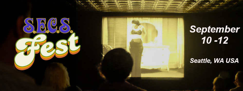 view from behind of people watching a vintage movie where someone appears to be undressing. SECS FEST logo on the left and on the right reads September 10 -12 Seattle, WA USA