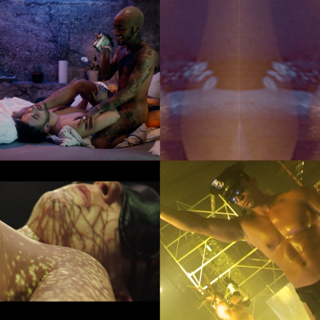 4 images: 1 A man straddles another man while filming him with a handheld camera 2. Kaleidoscopic image 3. A woman wearing a blindfold has an image projected on her face 4. a shirtless man wearing an officers cap is dancing at a club. 