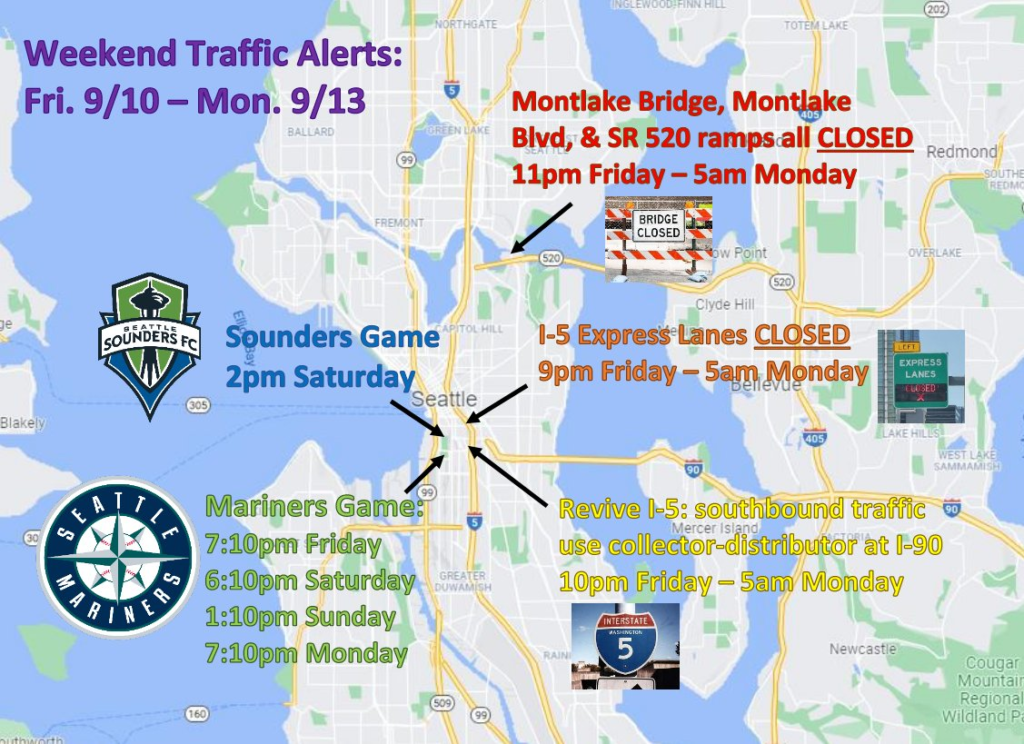 Map of seattle region. Reads Weekend Traffic Alerts: Fri 9/10 - Mon. 9/3 Sounders Game 2 pm saturday Montlake Bridge, Montlake Blvd and SR520 ramps are closed 11 pm Friday - 5 am Monday. 1-5 Express Lanes closed 9 pm Friday - 5 pm Monday 