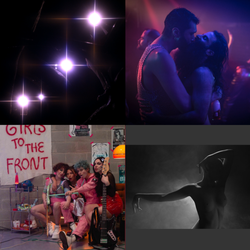 4 images: 1. Three bright lights in a row 2. two man embrace on a dancefloor 3. 4 women with a guitar, banner reads girls to the front. 4, atmospheric image of a naked dancer in black and white. 
