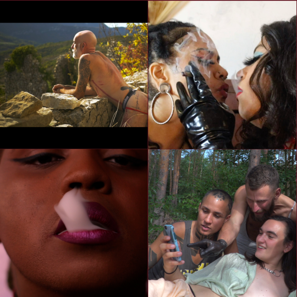 Four images: 1. a shirtless man with a grey beard rests against a stone wall 2. Two women sharing a joint, face each other with mouths nearly touching. 3. smoke comes from a woman's mouth 3. three people gathered together in a forest or park to take a selfie. 